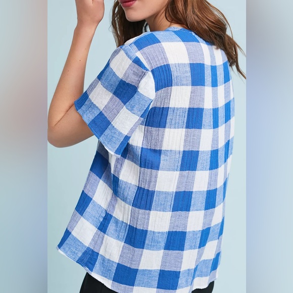 MARA HOFFMAN WHITE BLUE GINGHAM PRINT SHORT SLEEVE BLOUSE TOP - Picture 2 of 8